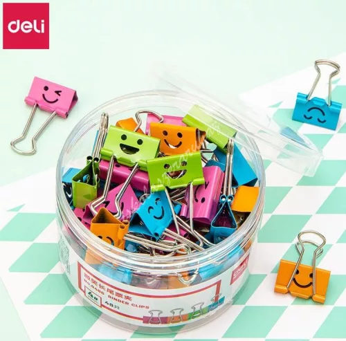 Binder kapocs Deli színes 25 mm Smile tégelyben (48 darab)